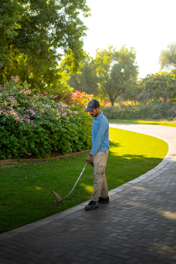 gallery-4 Man trimming lawn in a sunny Dubai park, surrounded by lush greenery and flowers.