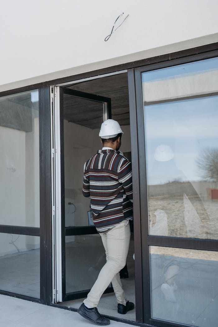 why-choose-us A real estate agent inspects a new property entrance wearing a white helmet by a glass door.